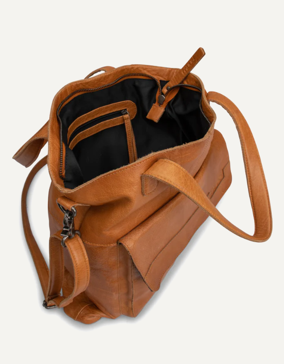 muud Arendal Projekttasche hochwertiges Leder handgefertigte Schultertasche black whisky rich brown