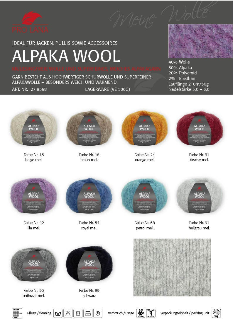 PRO LANA Alpaka Wool 50g /210m  Schurwolle Alpaka - mulesingfrei  kuschelig warm