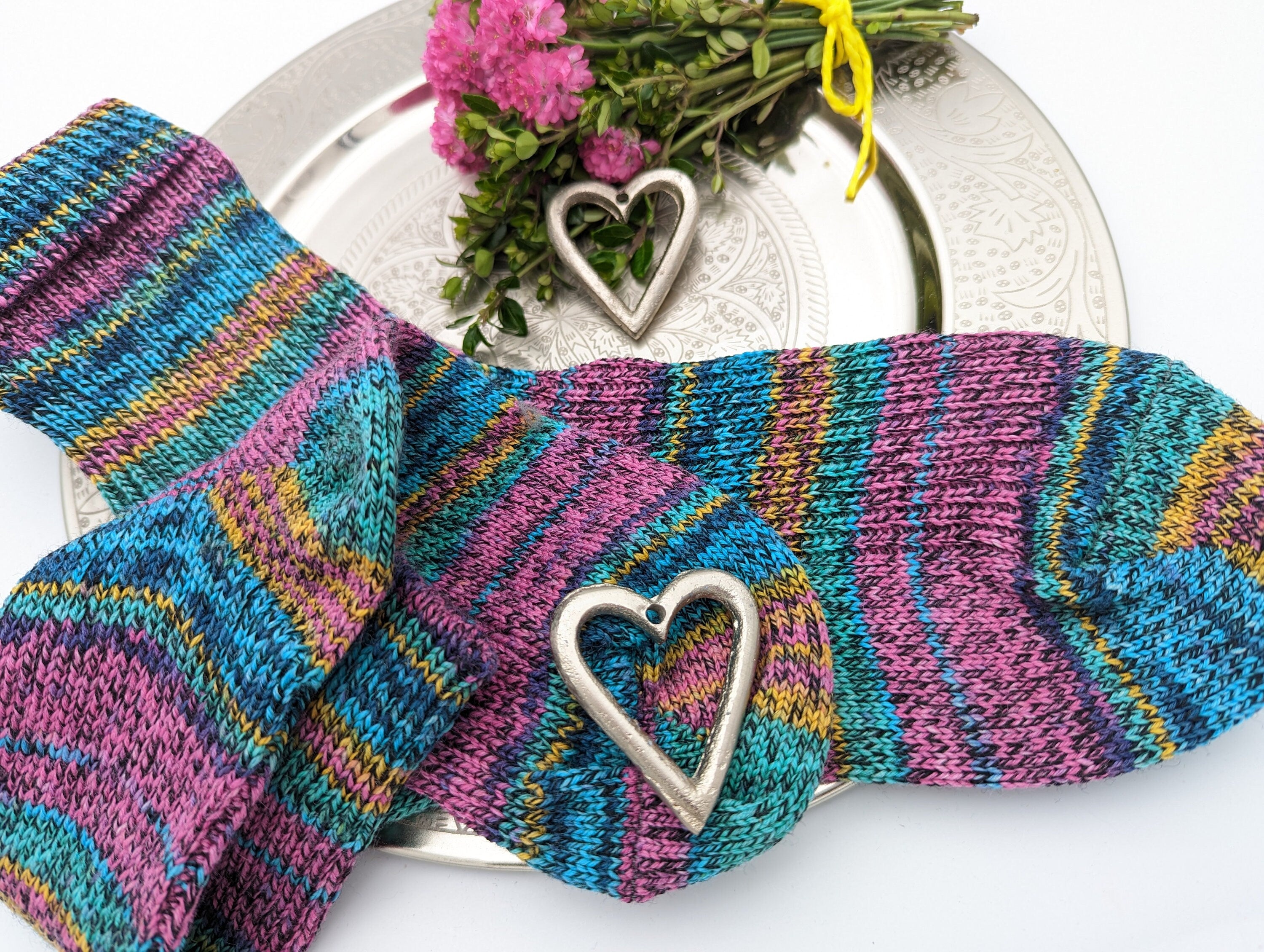 SOCKEN HANDGESTRICKT Schurwolle/Polyamid gestrickte Socken pink türkis Gr.40/41/42 knitted socks