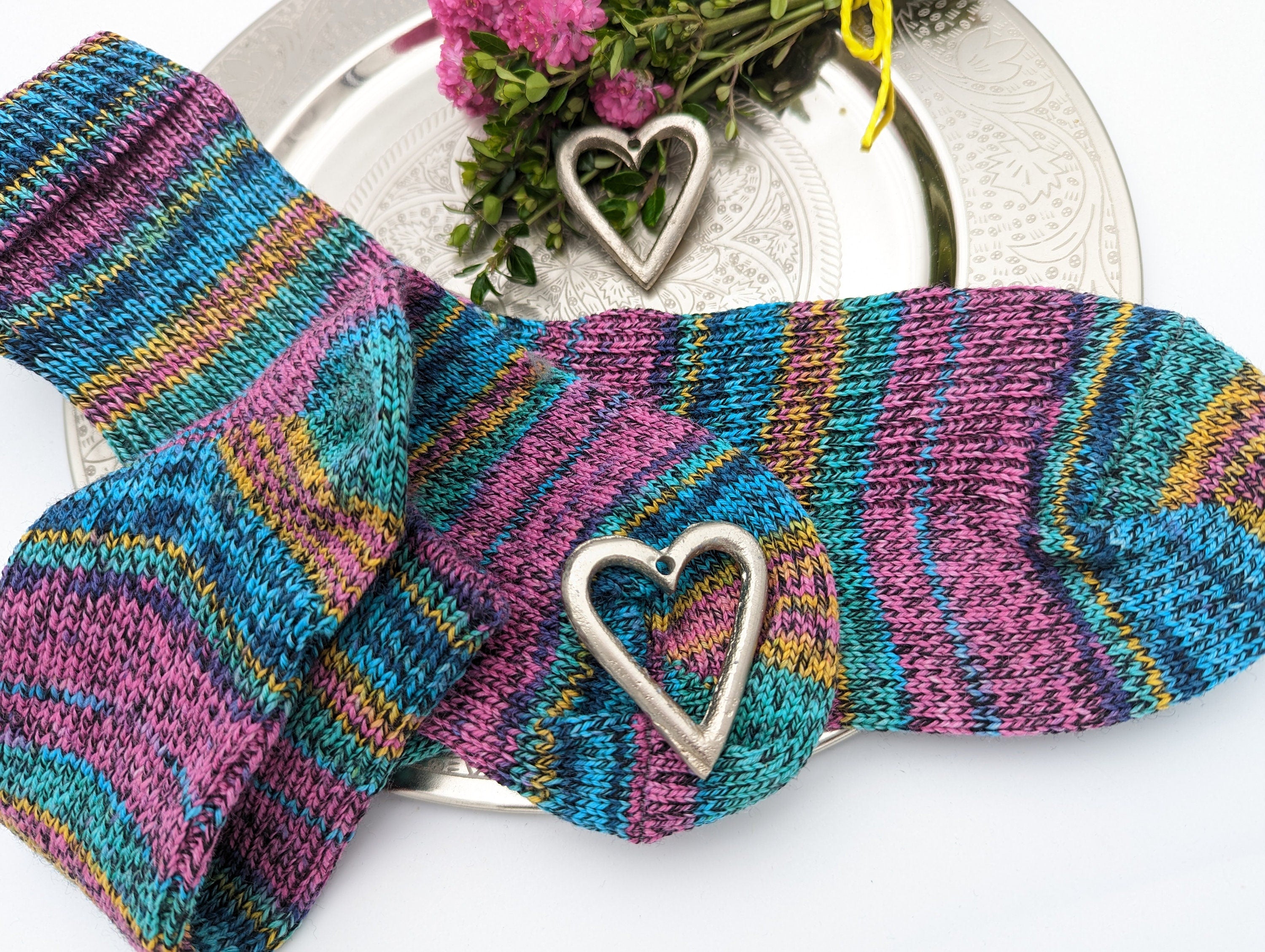 SOCKEN HANDGESTRICKT Schurwolle/Polyamid gestrickte Socken pink türkis Gr.40/41/42 knitted socks