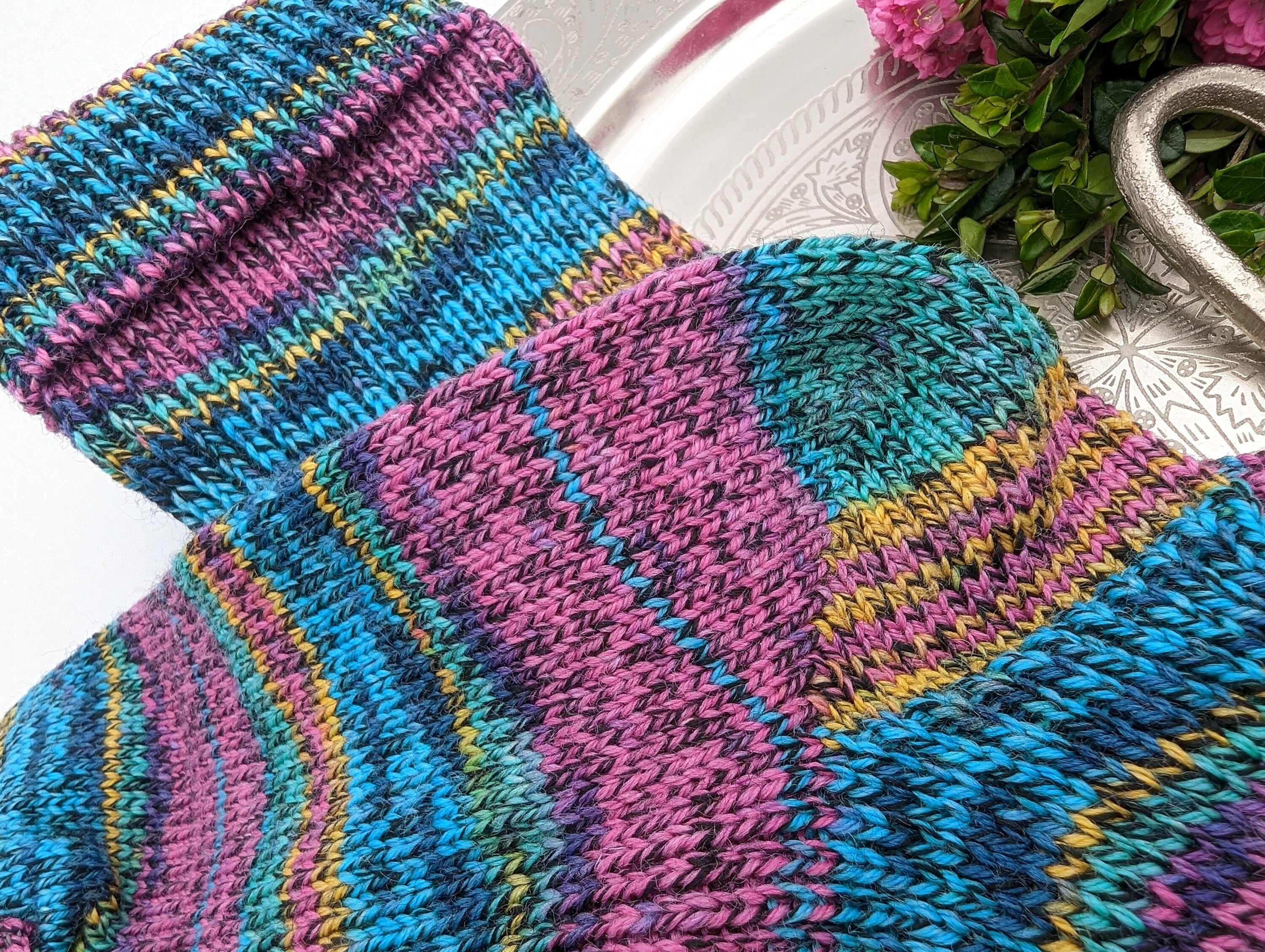 SOCKEN HANDGESTRICKT Schurwolle/Polyamid gestrickte Socken pink türkis Gr.40/41/42 knitted socks