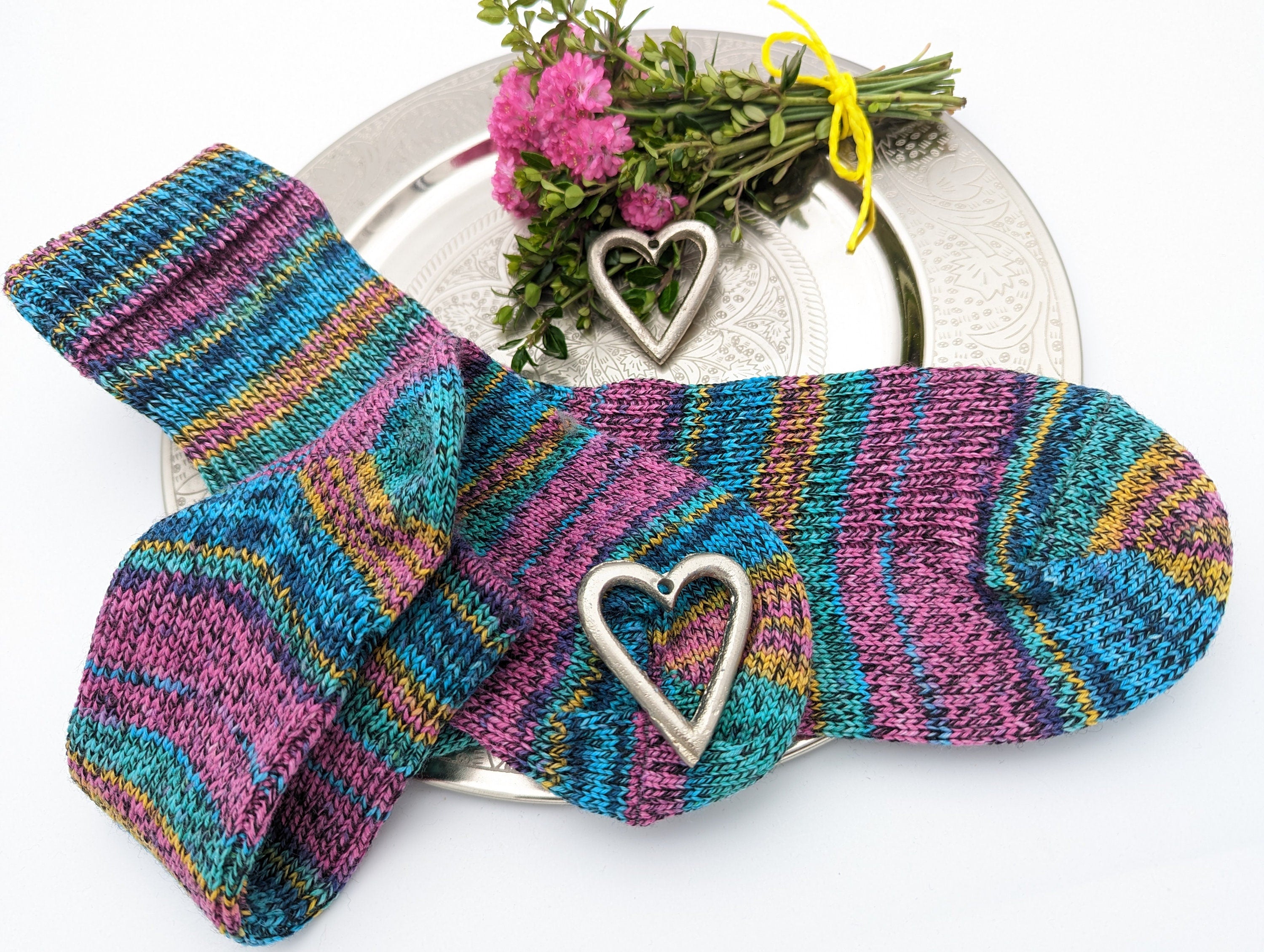 SOCKEN HANDGESTRICKT Schurwolle/Polyamid gestrickte Socken pink türkis Gr.40/41/42 knitted socks