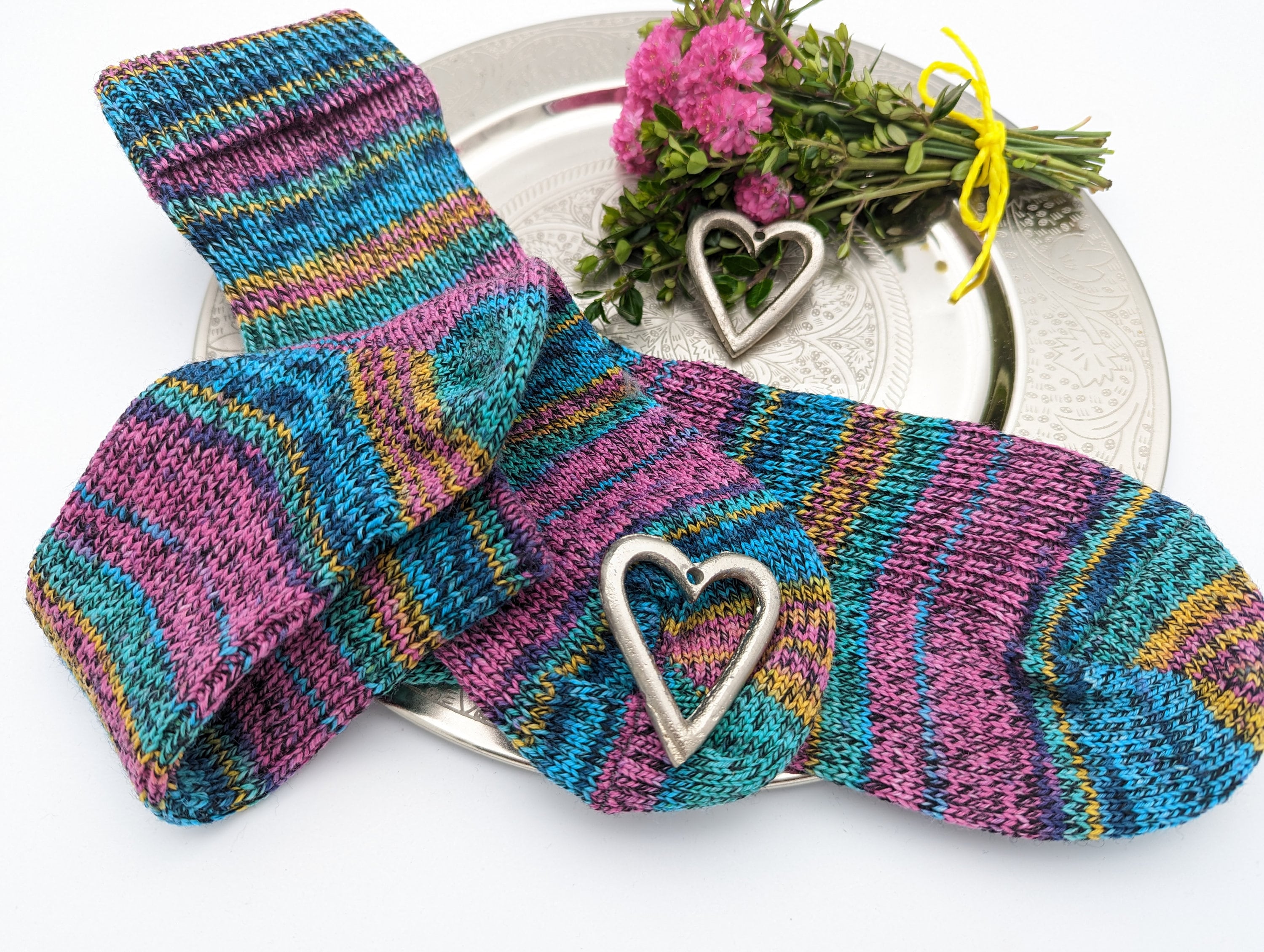 SOCKEN HANDGESTRICKT Schurwolle/Polyamid gestrickte Socken pink türkis Gr.40/41/42 knitted socks