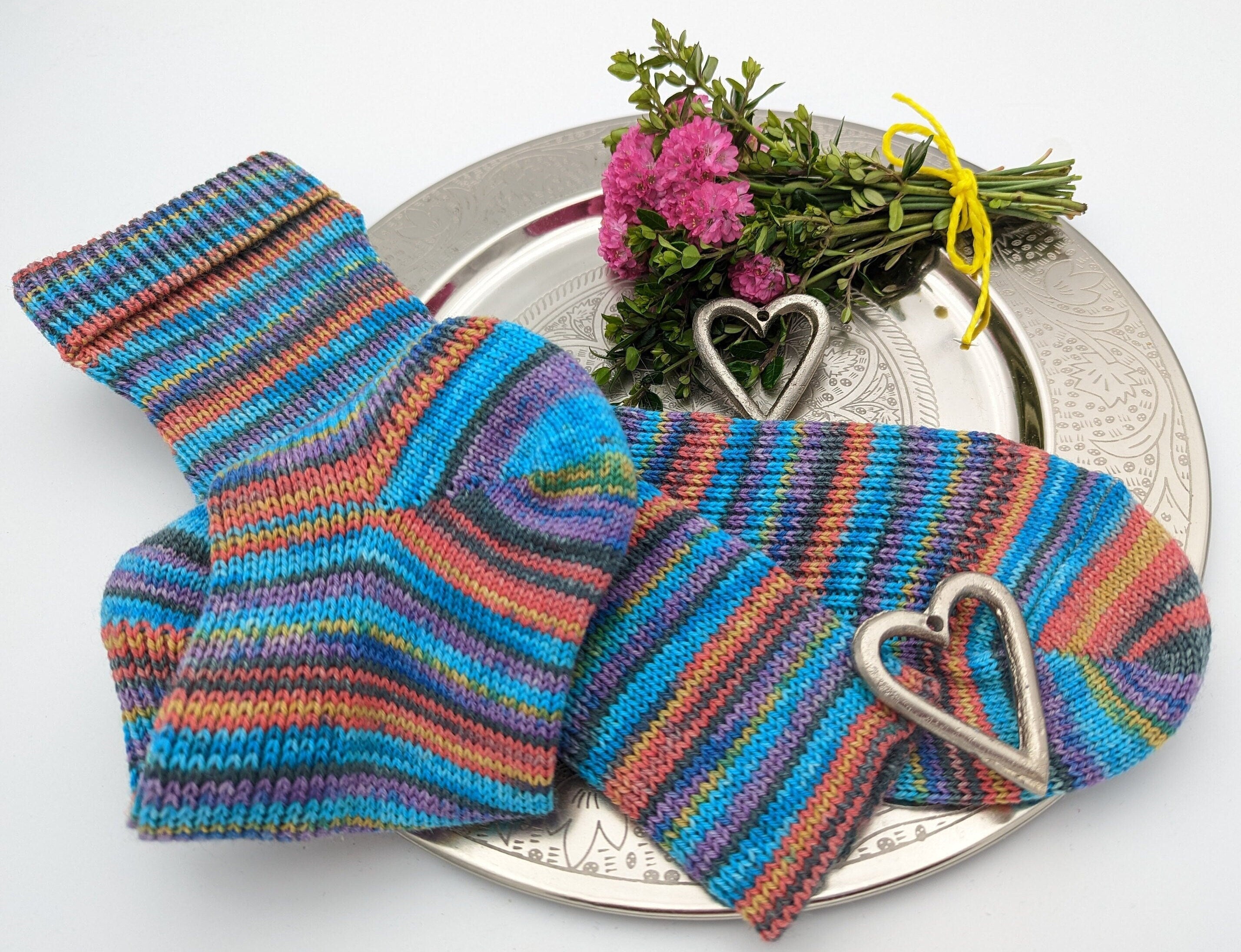 SOCKEN HANDGESTRICKT Schurwolle/Polyamid gestrickte Socken rot türkis Gr.40/41/42 socks