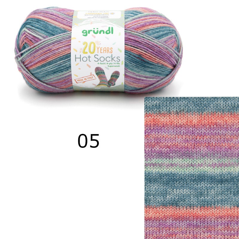 Sockenwolle GründHot Socks 20 Years 4-fach LL 420m/100g Schurwolle superwash lila grün blau rosa gelb grau