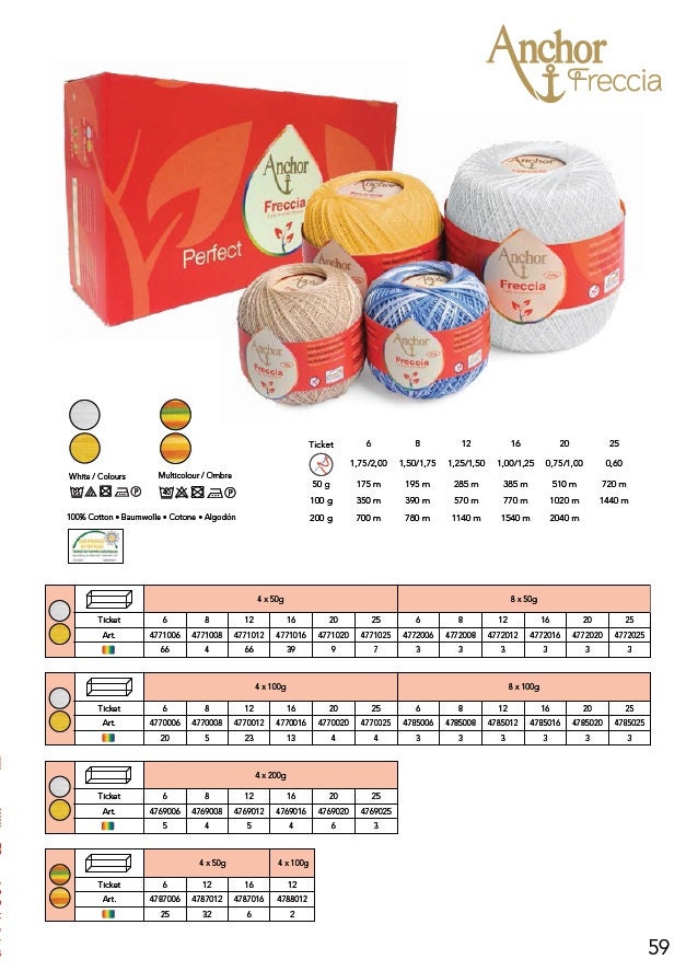 ANCHOR FRECCIA Häkelgarn 50g/285m  Häkeln Spitze Lace Baumwolle mercerisiert 3ply