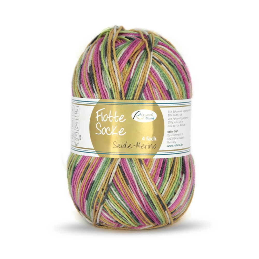 Sockenwolle RELLANA Flotte Socke Merino Seide LL 420m/100g  superwash bunt Muster aus dem Knäuel