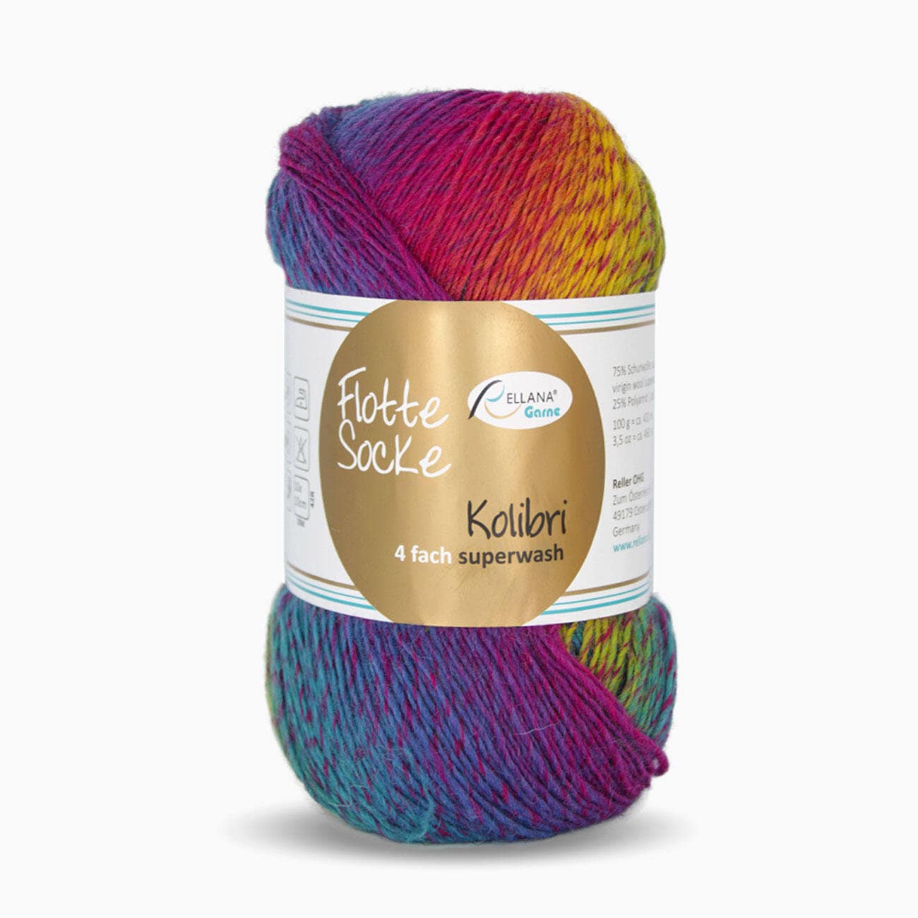Sockenwolle RELLANA Flotte Socke Kolibri 420m/100g superwash bunt Muster aus dem Knäuel 4-fach