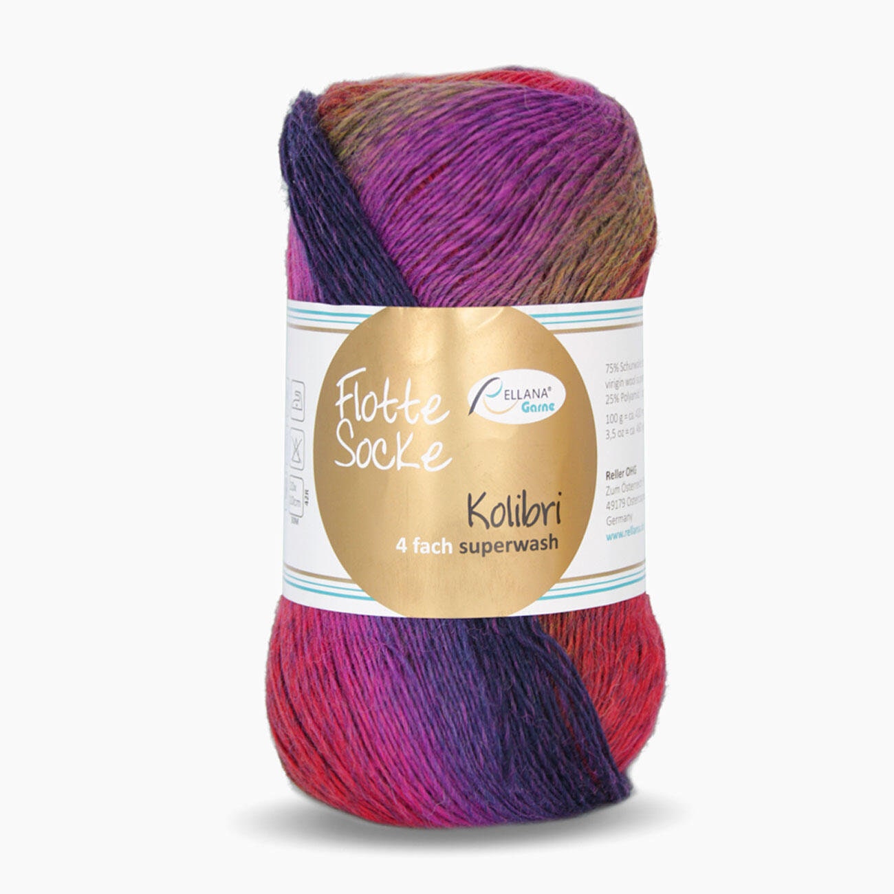 Sockenwolle RELLANA Flotte Socke Kolibri 420m/100g superwash bunt Muster aus dem Knäuel 4-fach