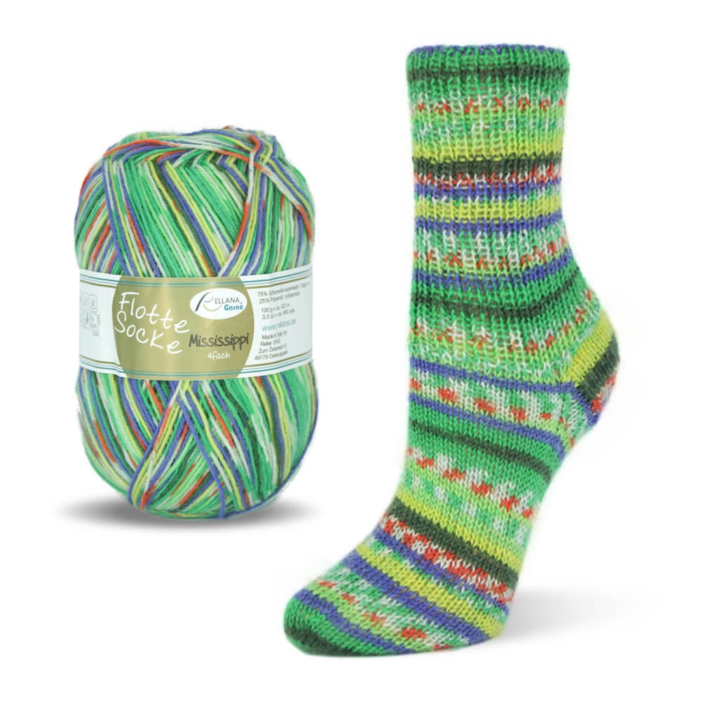 Sockenwolle RELLANA 4-fach Flotte Socke Mississippi LL 420m/100g  superwash mulsingfrei bunt