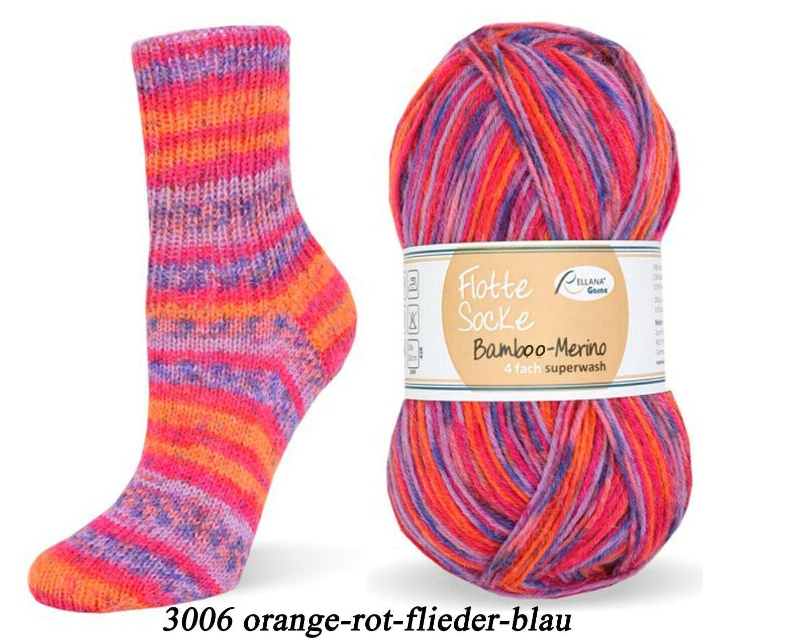 Sockenwolle RELLANA Flotte Socke Bambus Merino Schurwolle LL 420m/100g superwash bunt Muster