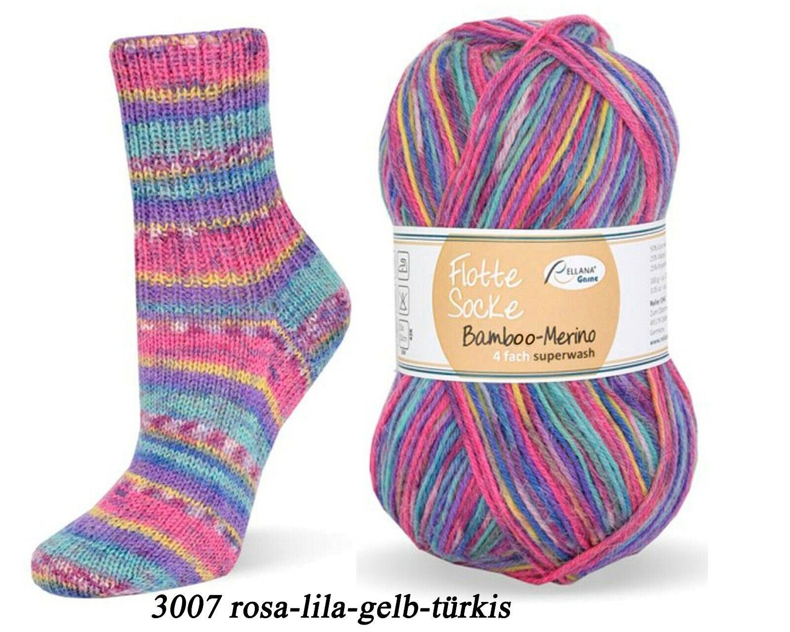 Sockenwolle RELLANA Flotte Socke Bambus Merino Schurwolle LL 420m/100g superwash bunt Muster