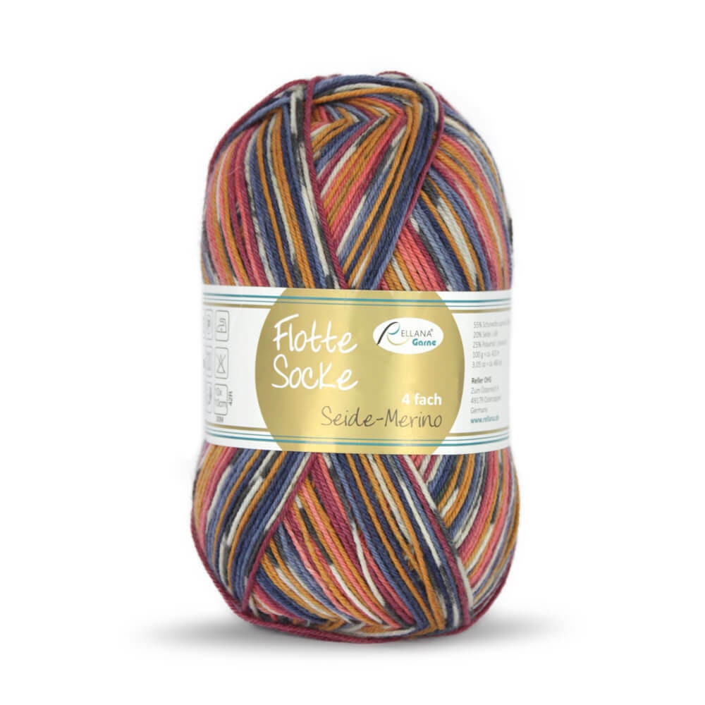 Sockenwolle RELLANA Flotte Socke Merino Seide LL 420m/100g  superwash bunt Muster aus dem Knäuel