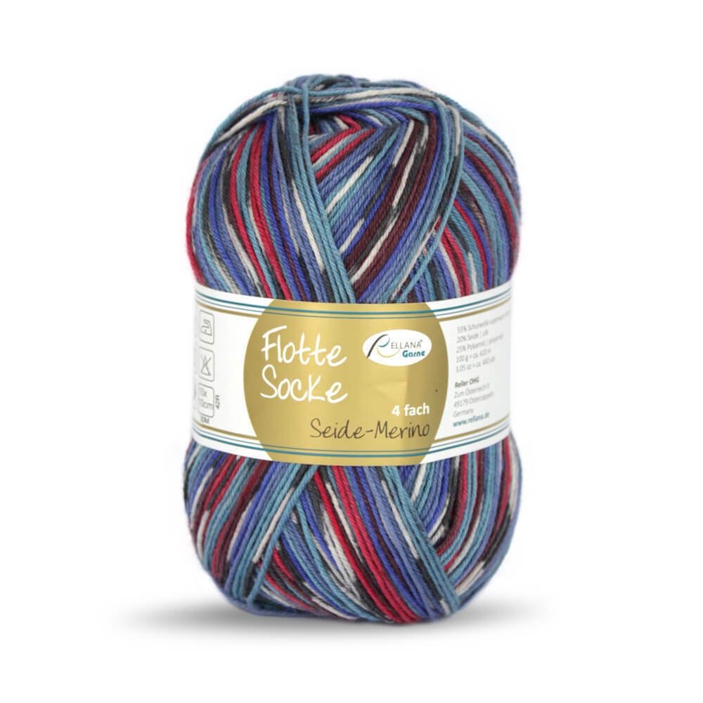 Sockenwolle RELLANA Flotte Socke Merino Seide LL 420m/100g  superwash bunt Muster aus dem Knäuel