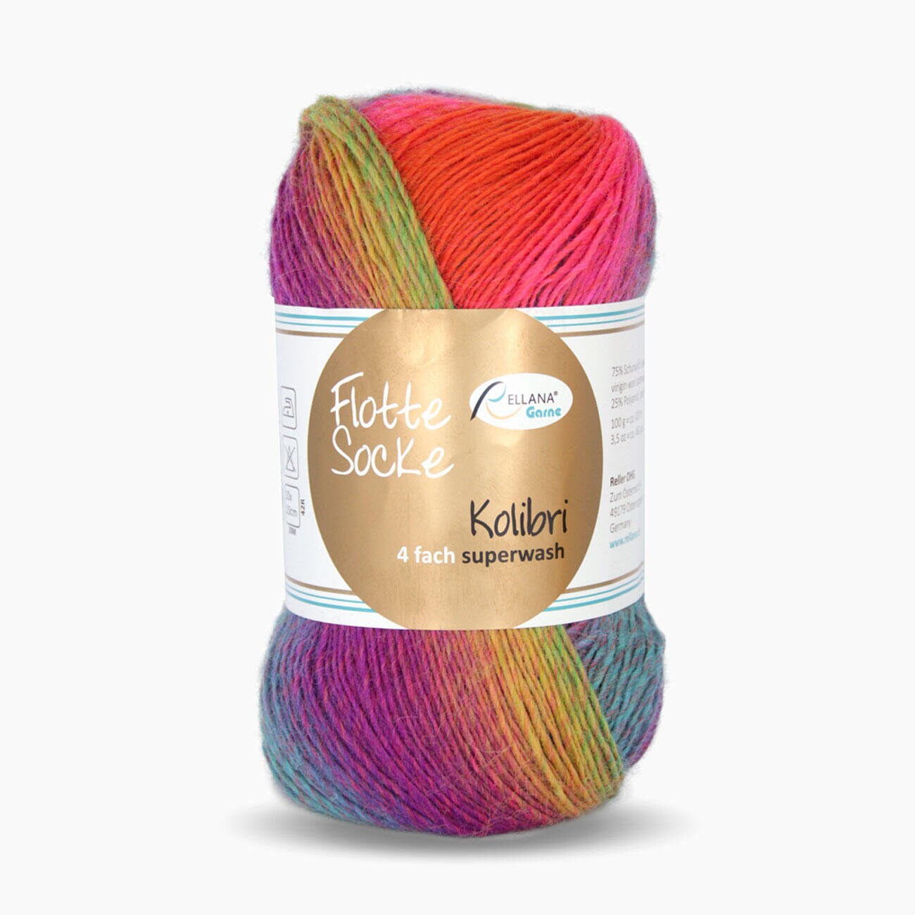 Sockenwolle RELLANA Flotte Socke Kolibri 420m/100g superwash bunt Muster aus dem Knäuel 4-fach