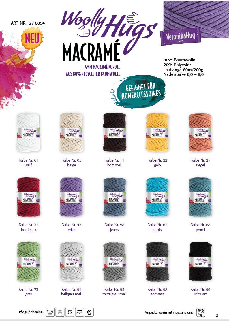 MACRAMÉ von Woolly Hugs 200g/60m Makramee Garn Baumwolle recycelt  NS 6 - 8 mm DIY