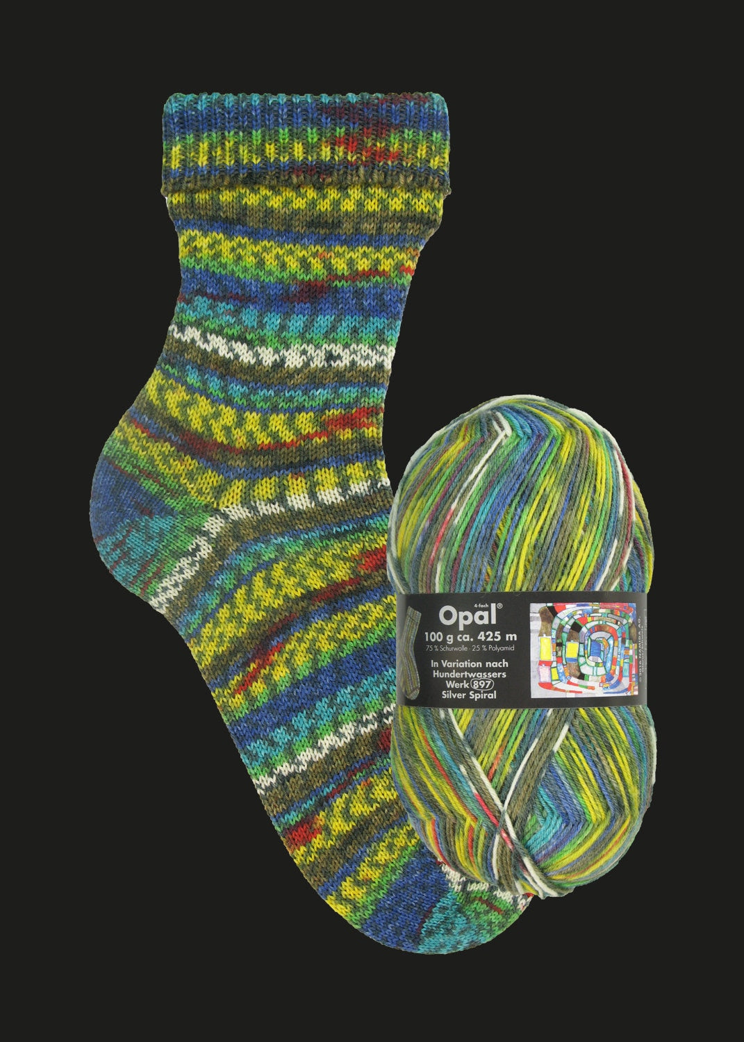OPAL Sockenwolle 4-fach HUNDERTWASSER Schurwolle 100g/425m Socken bunt Muster