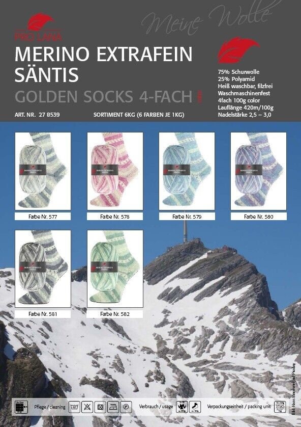 Pro Lana Golden Socks Schurwolle Merino extrafein Säntis 100g/420m 4-fädig Sockenwolle 4-fach