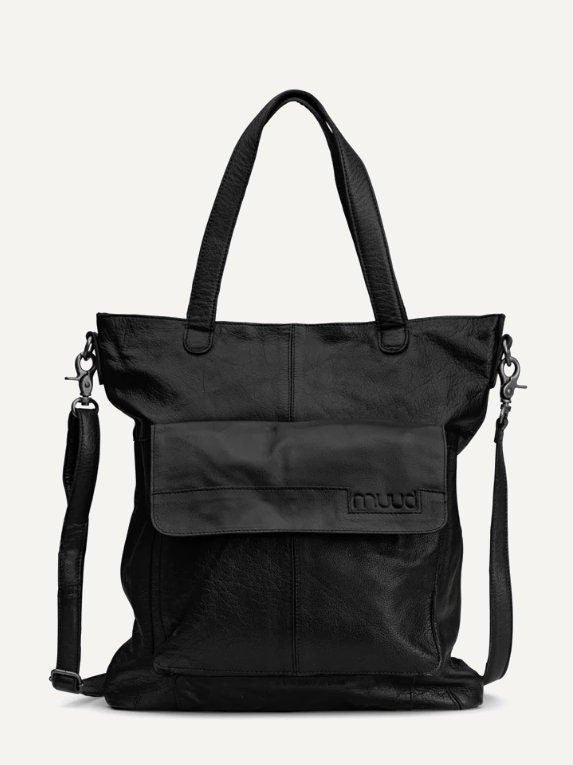 muud Arendal Projekttasche hochwertiges Leder handgefertigte Schultertasche black whisky rich brown