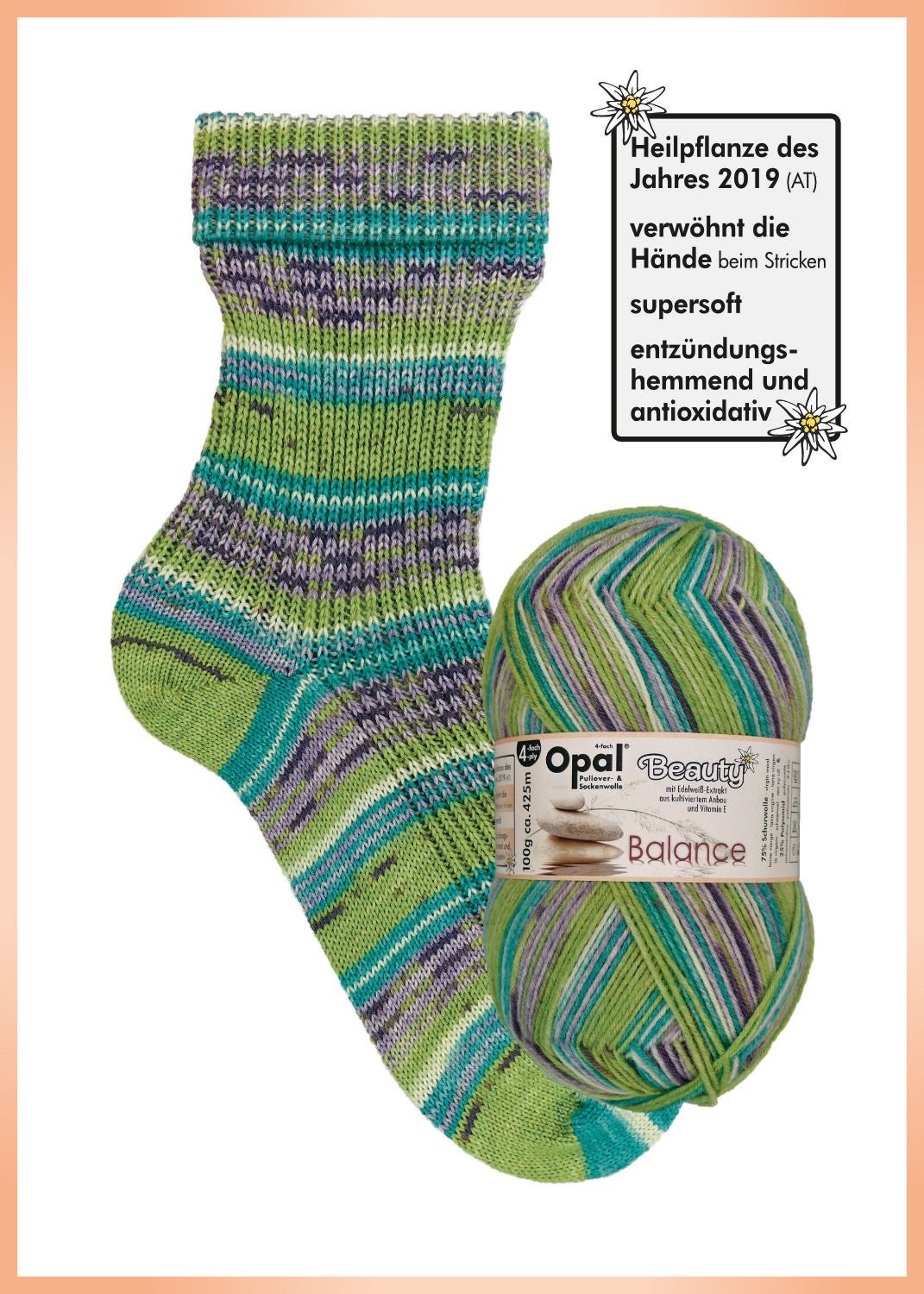 OPAL Sockenwolle 4-fach BEAUTY BALANCE Schurwolle 100g/425 m 4-fädig Edelweiss