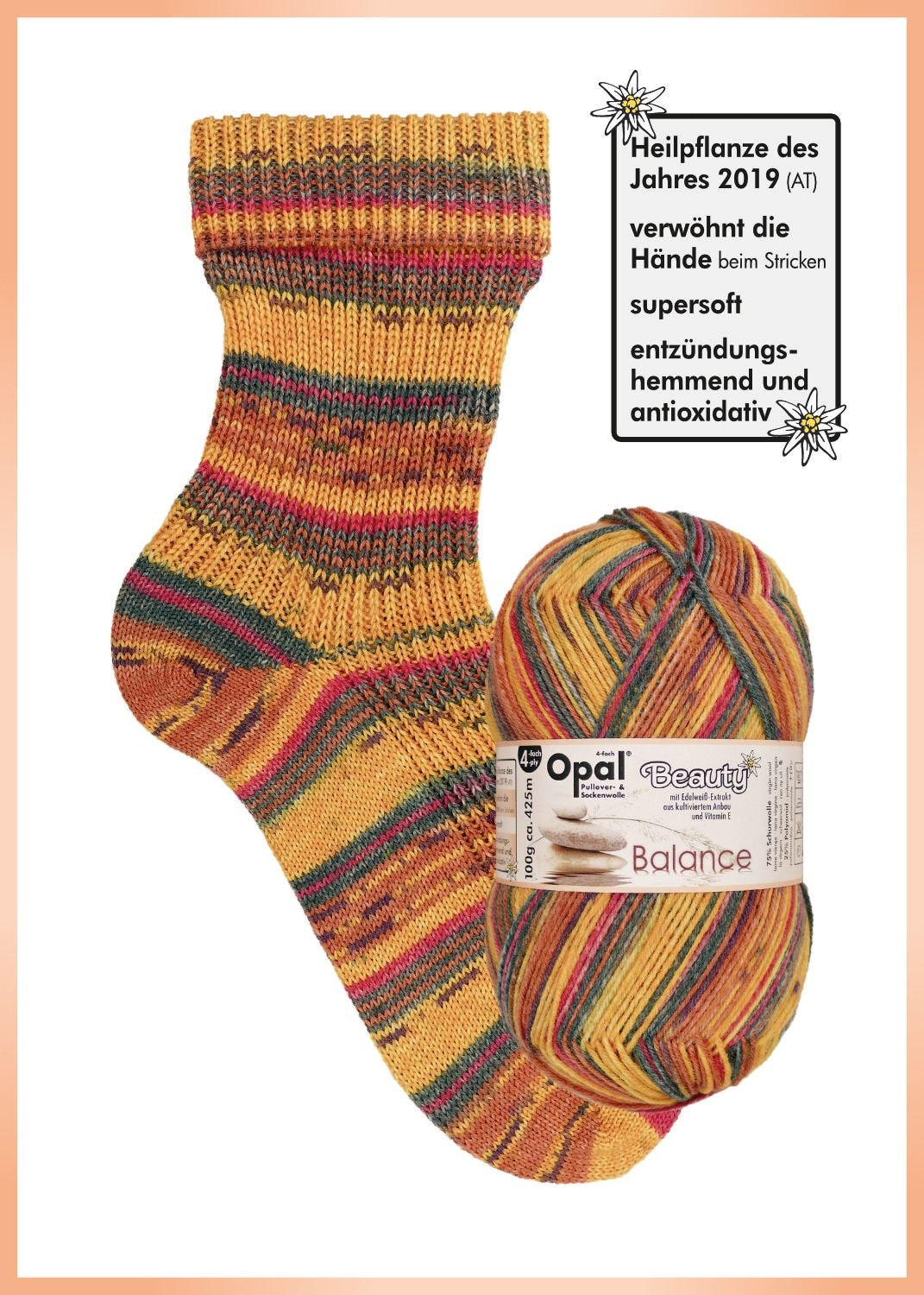 OPAL Sockenwolle 4-fach BEAUTY BALANCE Schurwolle 100g/425 m 4-fädig Edelweiss