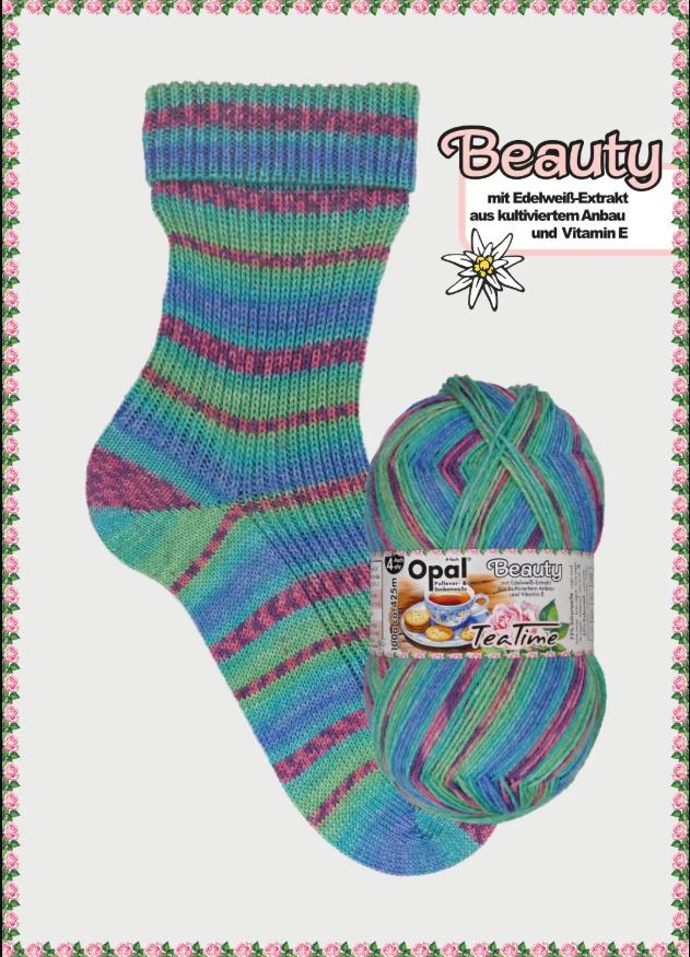 OPAL Sockenwolle 4-fach BEAUTY Tea Time 100g/425 m 4-fädig Edelweiss Socken