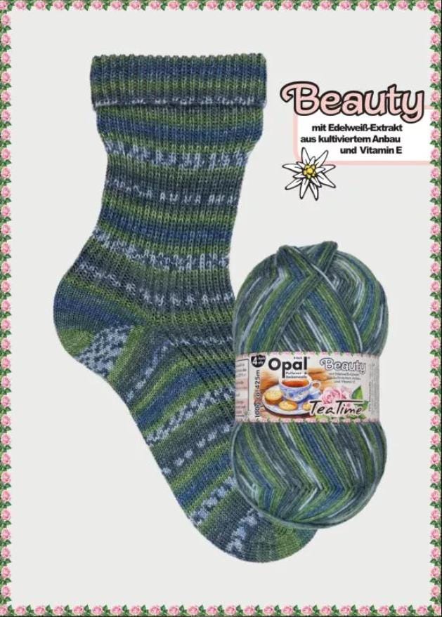OPAL Sockenwolle 4-fach BEAUTY Tea Time 100g/425 m 4-fädig Edelweiss Socken