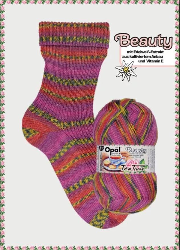 OPAL Sockenwolle 4-fach BEAUTY Tea Time 100g/425 m 4-fädig Edelweiss Socken
