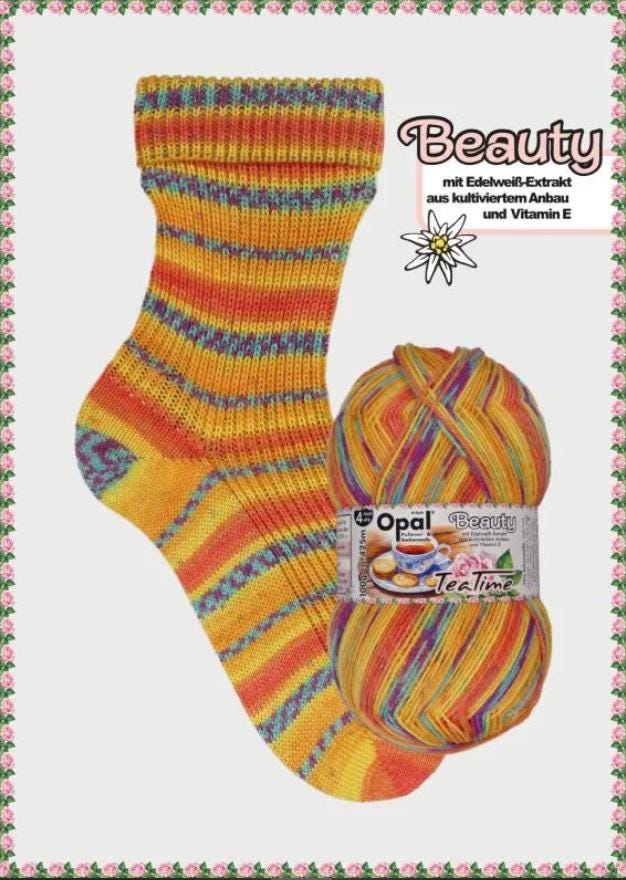 OPAL Sockenwolle 4-fach BEAUTY Tea Time 100g/425 m 4-fädig Edelweiss Socken