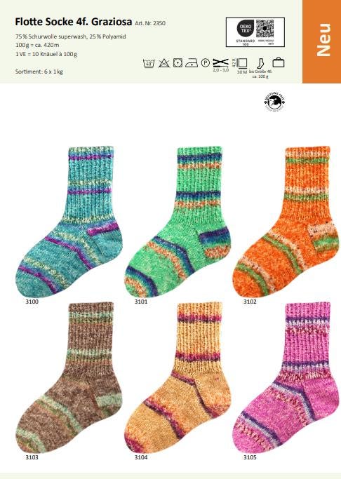 Sockenwolle RELLANA Flotte Socke GRAZIOSA Lauflänge 420m/100g  superwash Muster aus dem Knäuel 4-fach NEU