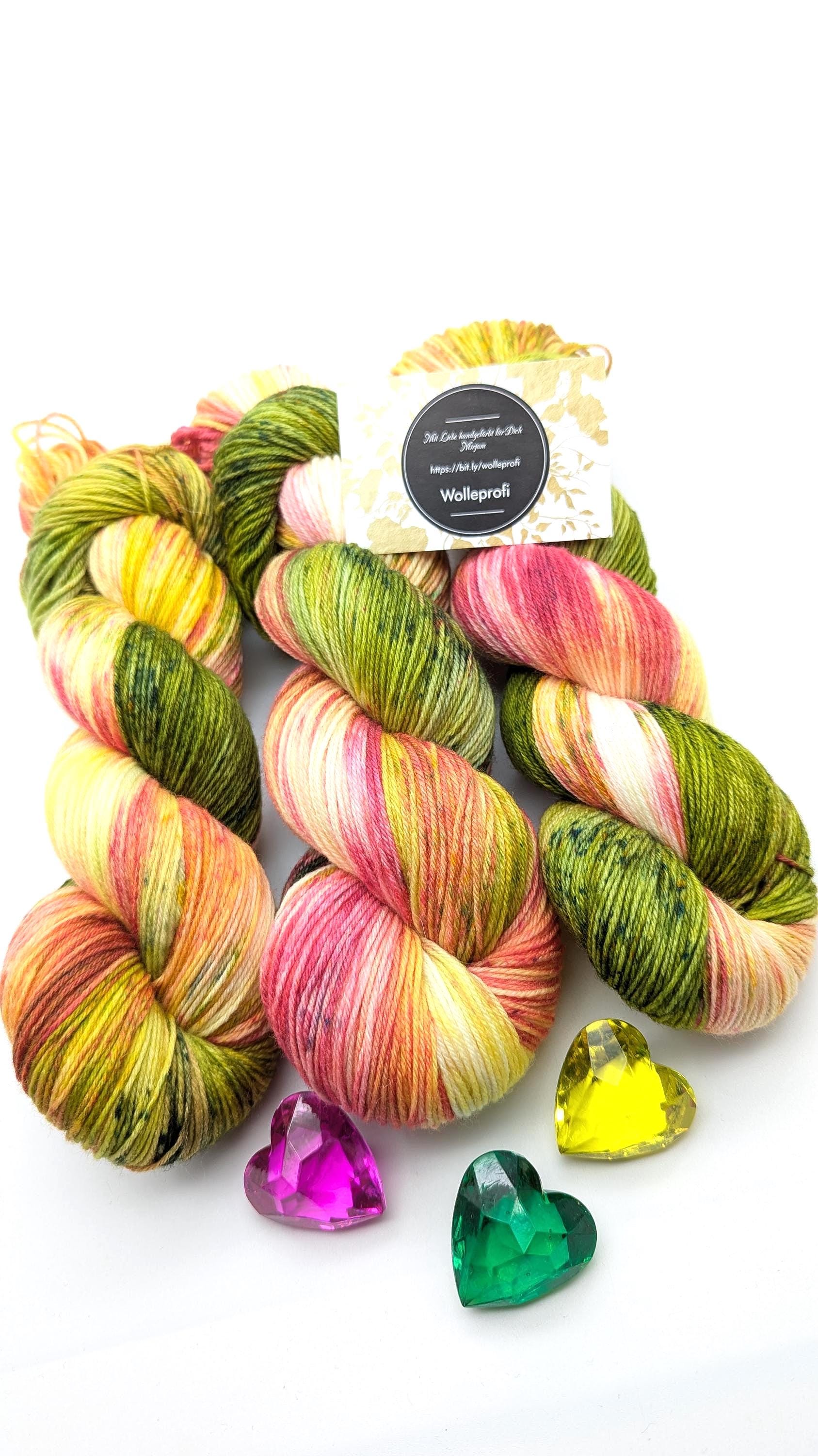 Handgefärbte Sockenwolle 4 fach High Twist 100g/400m Merino extrafine "Blumenwiese" gelb pink grün